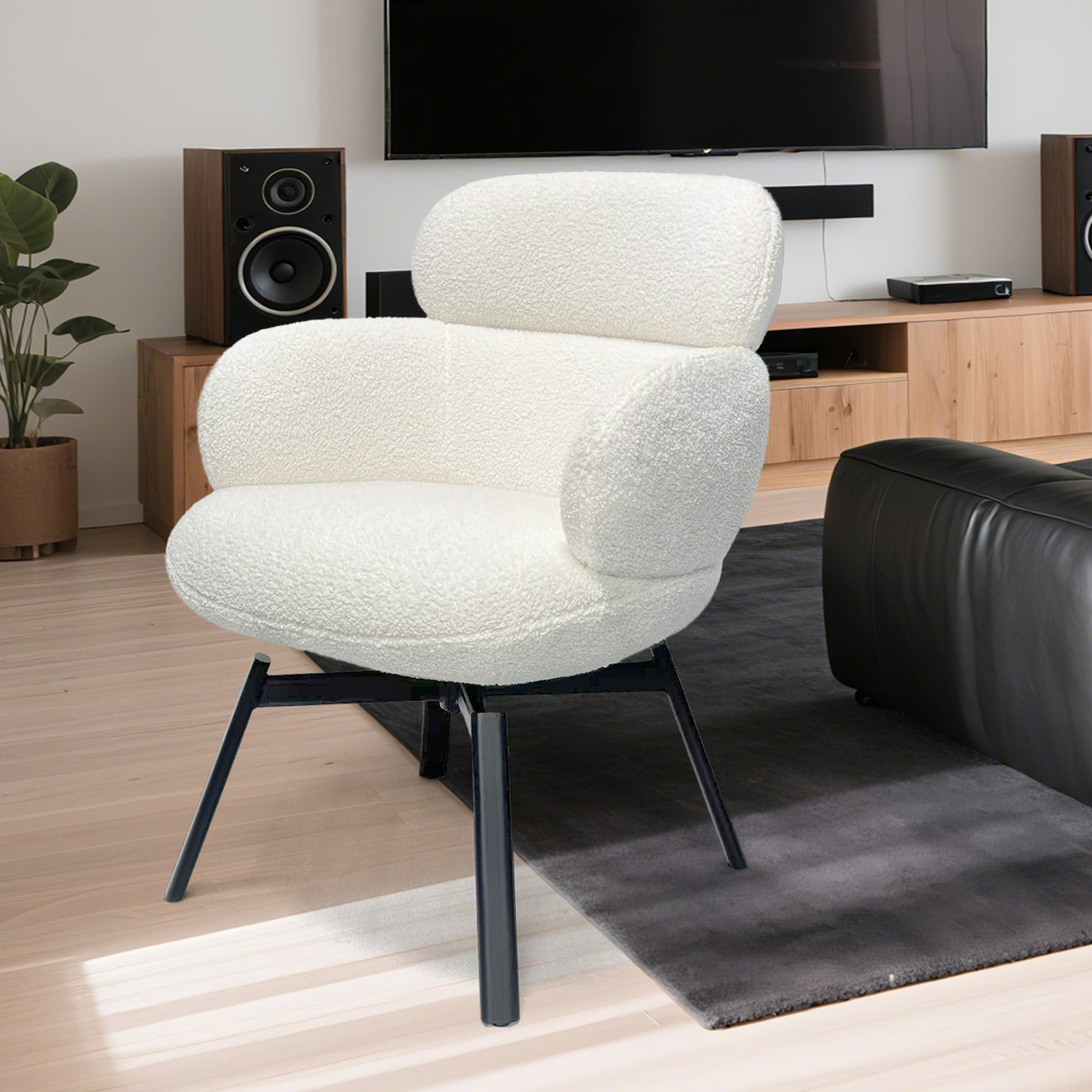 Moderne hvid bouclé/bamse fleece stof drejelig lounge stol med ekstra bred sæde og metalben