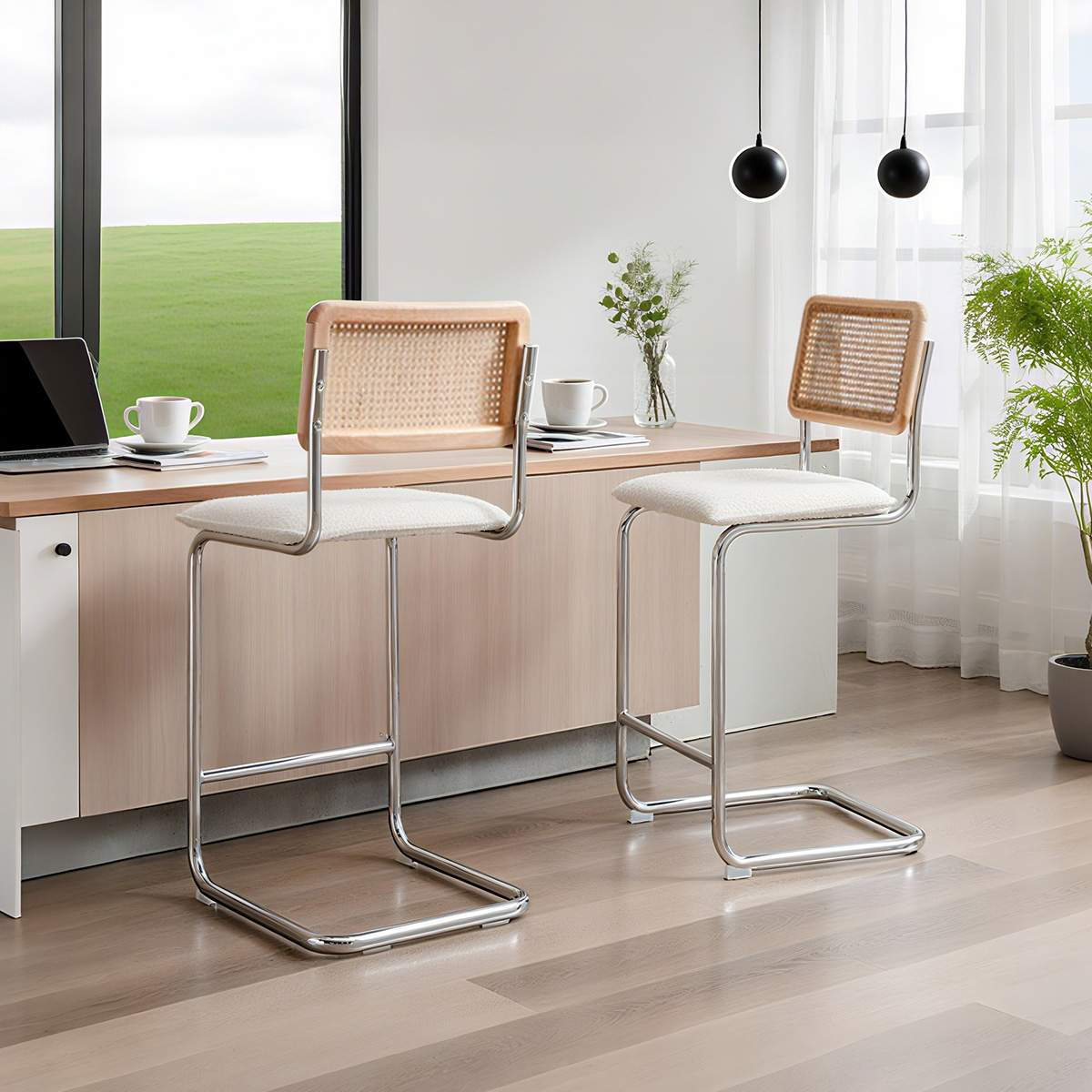 Rattan Back Boucle Barkstol med Chrome Cantilever Base-Mid-århundrede moderne modhøjde stol