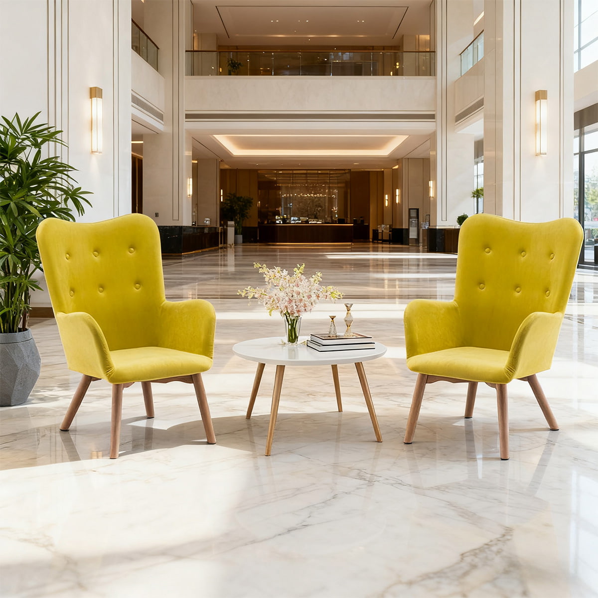 Moderne gul fløjl accent lænestol — Wingback tuftet fritidsstol med træben og armlæn til stue, soveværelse eller kontor