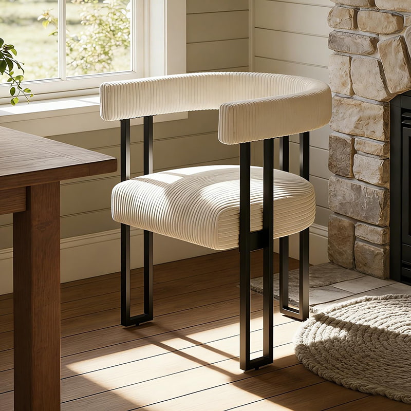 Boucle spisestuestol, hvid fløjlspolstret spisestuestol med metalben, moderne accentstol fra midten af ​​århundredet