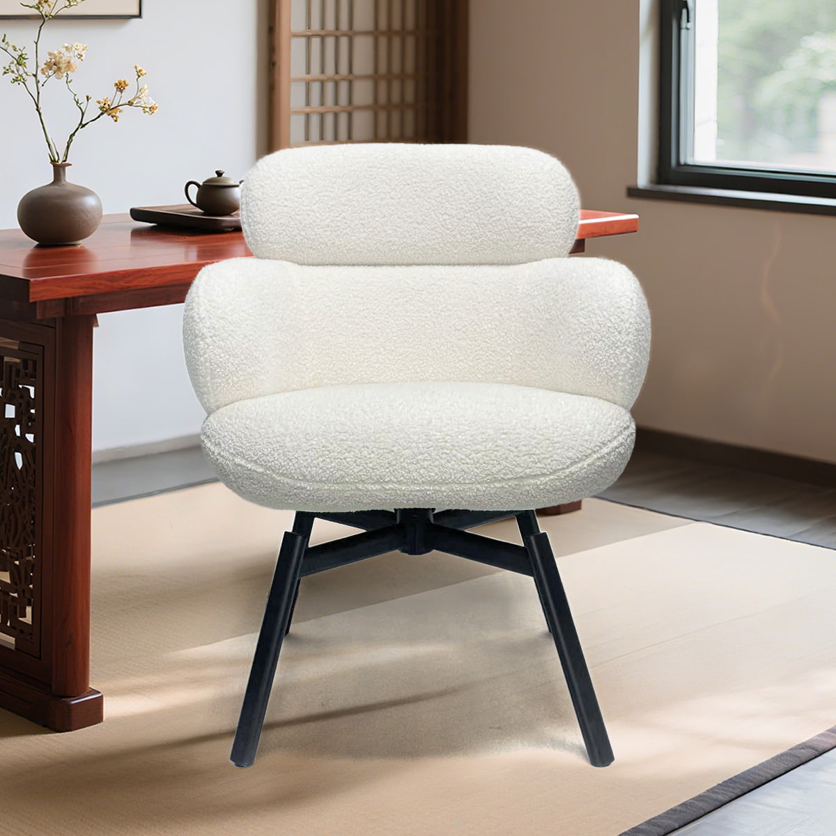 Modern White Bouclé/Teddy Fleece Fabric Swivel Lounge Chair With Extra-Wide Seat And Metal Legs